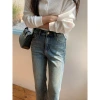 GAGD retro blue four-sided elastic slim nine-inch jeans for women, Korean style, high-waisted, slimming, slightly flared jeans details Picture
